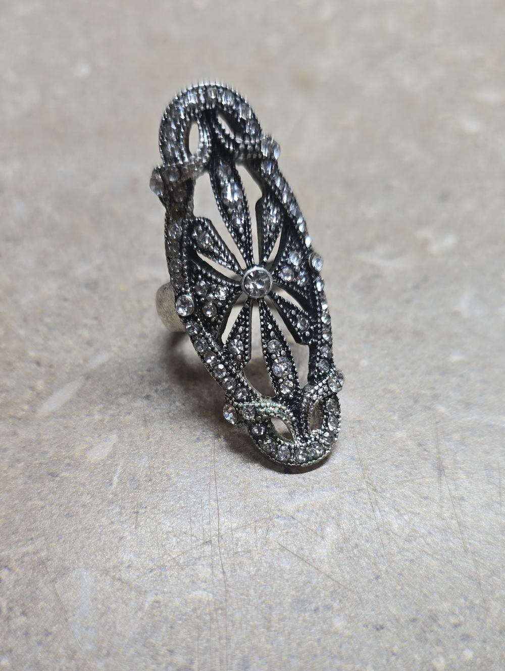 Vintage-Inspired Silver Filigree Cocktail Ring - Clear Crystal Accents